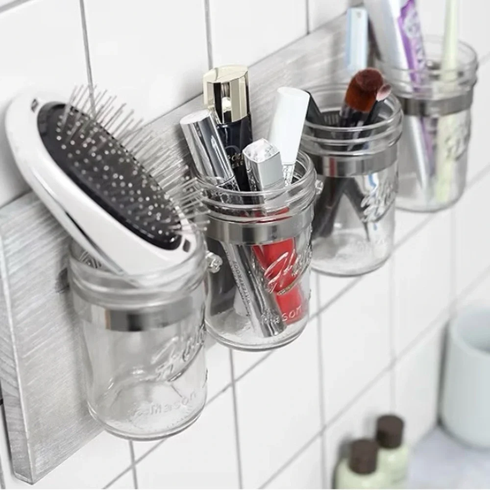 Rustic Mason Jar Toothbrush Holder Mason Jar Wall Organizer with Silver Accents